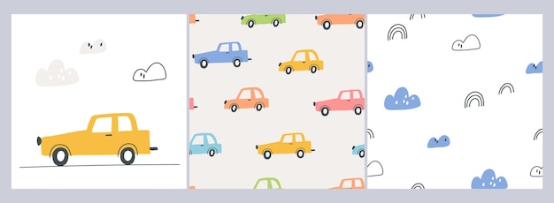 Set of seamless childish pattern with hand drawn cartoon cars Creative kids abstract texture for fabric wrapping textile wallpaper apparel Vector illustration