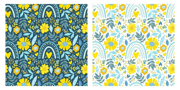 Set of seamless hand drawn floral patterns with rainbow in yellow and blue colors