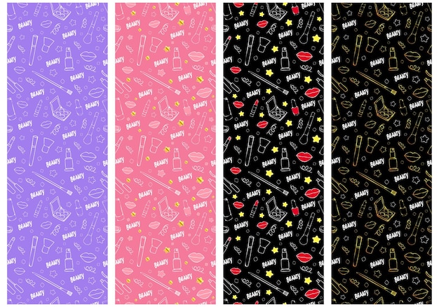 Set of seamless makeup patterns in doodle style with lipstick cream eye shadow brushes mascara