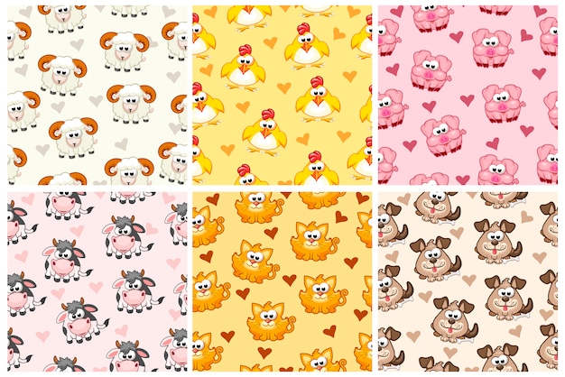 Set seamless pattern from farm animals, cartoon