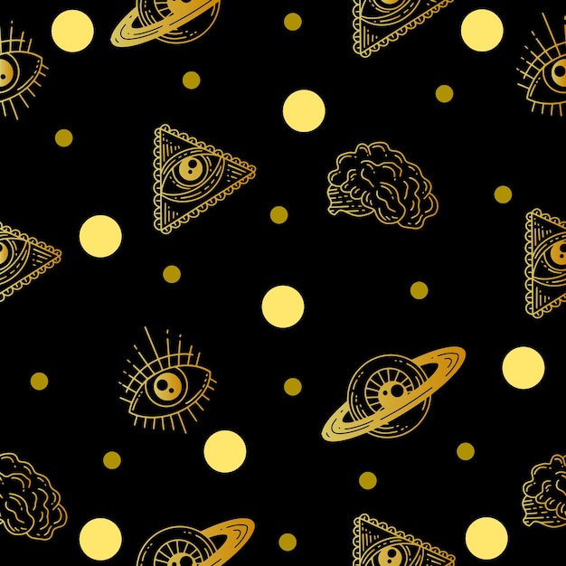 Set Seamless Pattern Gold Mystical Celestial Simple Minimalism Tattoo Symbol With Gold Circle Object Space Doodle Esoteric Elements Vintage Illustration Dark Black