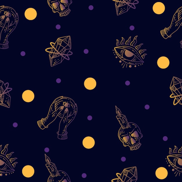 Set Seamless Pattern Gradient Yellow and Purple Mystical Celestial Simple Minimalism Tattoo Symbol With Yellow Circle Object Space Doodle Esoteric Elements Vintage Illustration Dark Purple