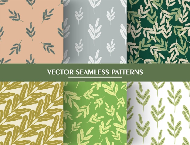 Set of seamless pattern in minimalistic style with vintage leaf branches silhouettes.