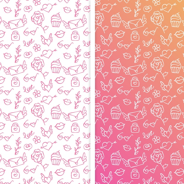 Set of seamless pattern for Valentines Day with doodle elements