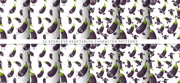 Set of   seamless pattern with cute cartoon eggplant vegetables characters isolated