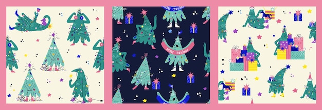 Set of seamless pattern with funny decorated Christmas tree characters with faces, hands, legs. Hand drawn backgrounds with fir-trees showing emotions.  Xmas decorations, gifts, party on backdrop.