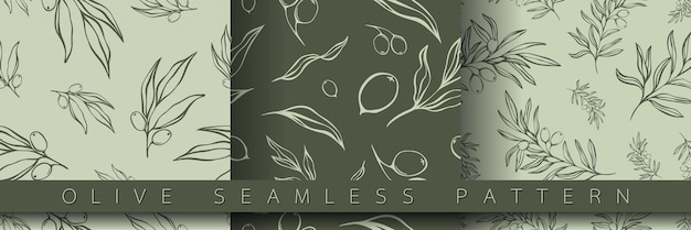 Set of seamless pattern with olive Branch in Minimal Liner Style Vector Floral Backgrounds