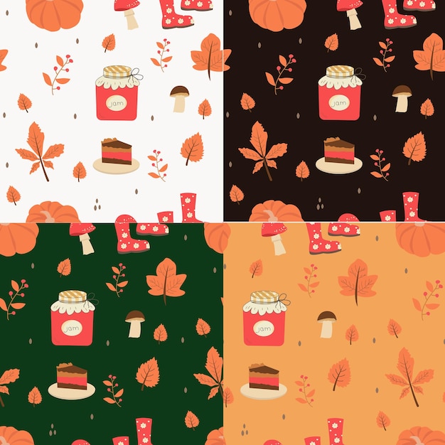 Set seamless pattern with orange and yellow autumn leaves with rowan cheesecake and jam