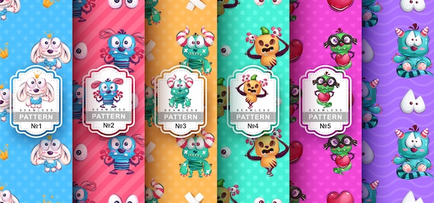 Set of seamless patterns of cute monster