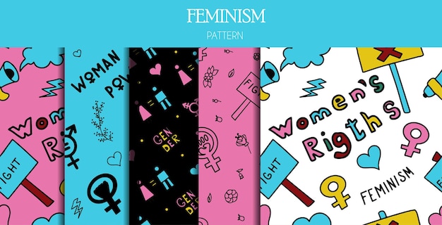 Set of seamless patterns doodle signs of feminism women s rights Grunge hand drawn vector icons of Feminism protest symbols A rally to fight for voting rights