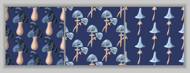 Set of seamless patterns of fantastic moonlight mushrooms. Magical night mushrooms.