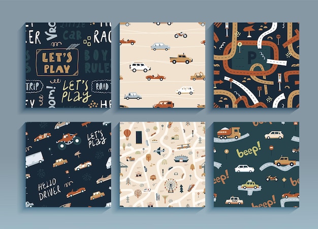 Set of seamless patterns little racer Cartoon funny illustration with cars map landscape wallpaper