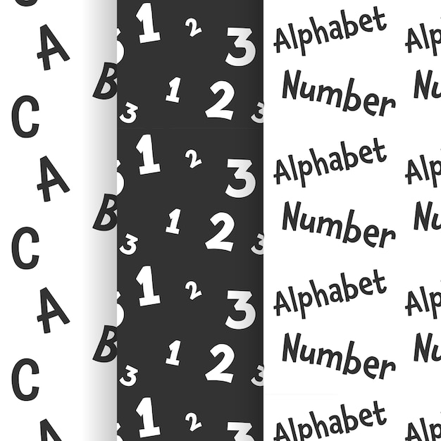 Set seamless patterns of numbers alphabet white and dark background with black white Vector design