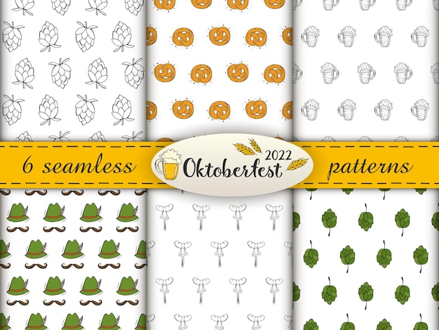 Set of seamless patterns Oktoberfest 2022 Beer Festival Handdrawn Doodle elements German Traditional holiday Color and stroke patterns with lettering beer mug and wheat ears