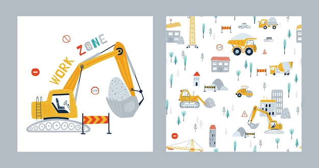 Set seamless patterns and print construction vehicles Illustrations with yellow dump truck crane and bulldozer for kid Vector