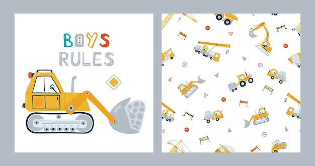 Set seamless patterns and print elements construction vehicles Illustrations with yellow excavator dump truck crane tractor and bulldozer for kid Vector