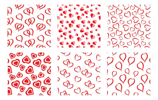 A set of seamless patterns prints on a love theme Red hearts of various shapes