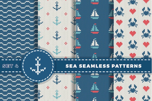 Set of seamless patterns on sea theme in white turquoise red and dark blue colors Vector woolen knitted texture