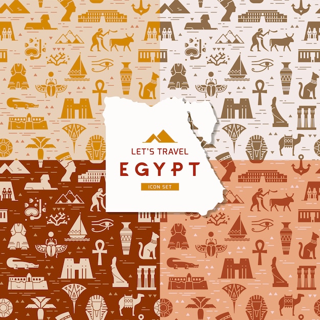 Set of seamless patterns of symbols, landmarks, and signs of Egypt