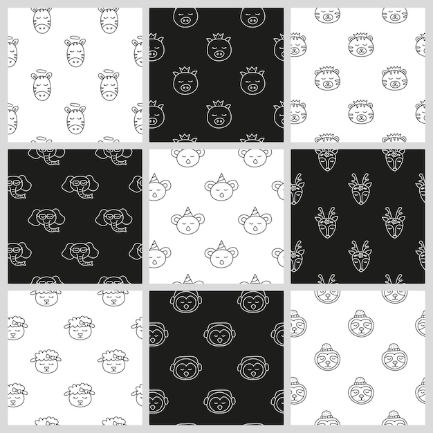 Set of seamless patterns with animal faces