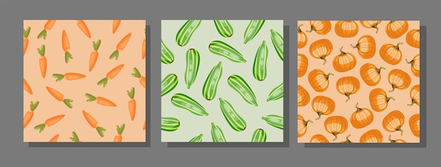 Set of seamless patterns with carrots pumpkin zucchini vegetables Colourful vector design