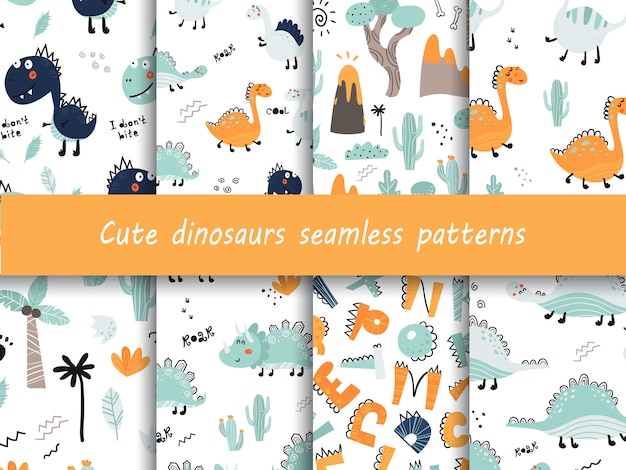 Set of seamless patterns with cute dinosaurs.