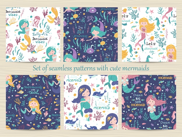 Set of seamless patterns with cute mermaid