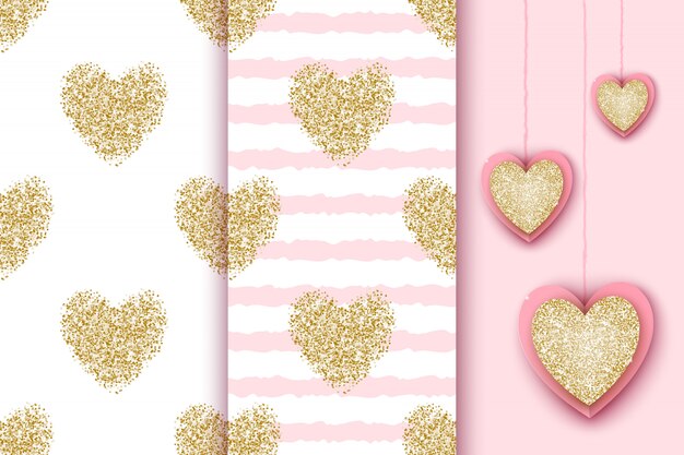 Vector set of seamless patterns with golden glittering hearts on white and pink stripe background, realistic heart icons for  valentine's day holiday, birthday, baby shower .