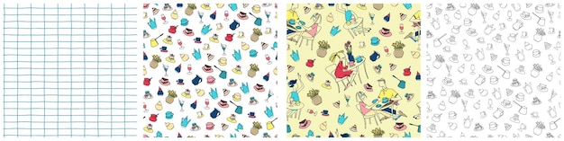 Set of seamless patterns with hand drawn cafe scenes