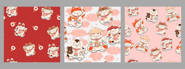 Set of seamless patterns with maneki-neko.