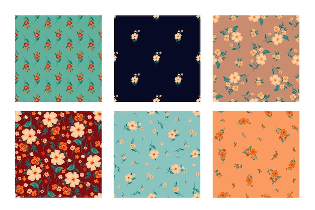 Set of seamless patterns with orange flowers