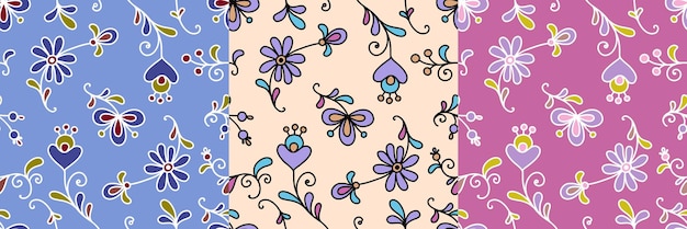 Set of seamless patterns with stylized ukrainian folk floral elements on colored backgrounds