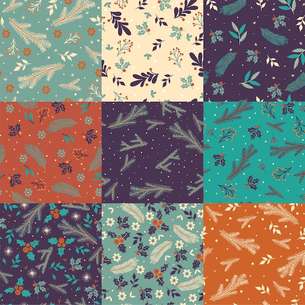 Set of seamless patterns with winter flora.