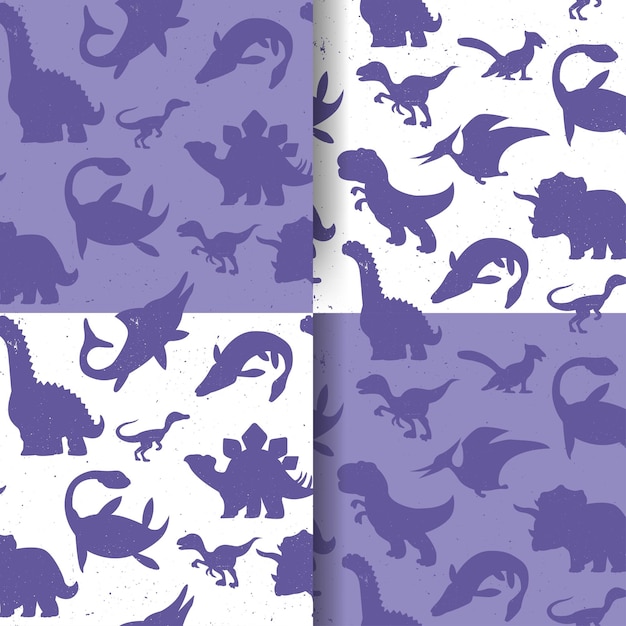 Set of seamless prints with bright contrast vector pattern, dinosaur on white background with grunge