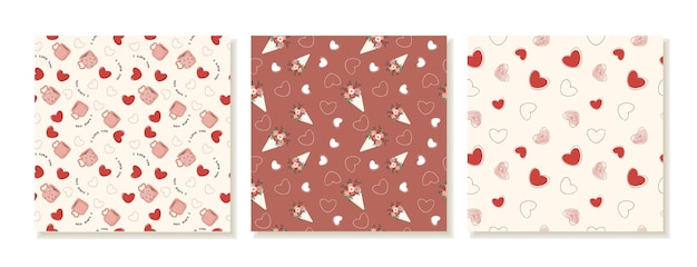 A set of seamless Valentine's Day patterns Romantic patterns backgrounds for social media and posts with bouquets love mugs and hearts Vector