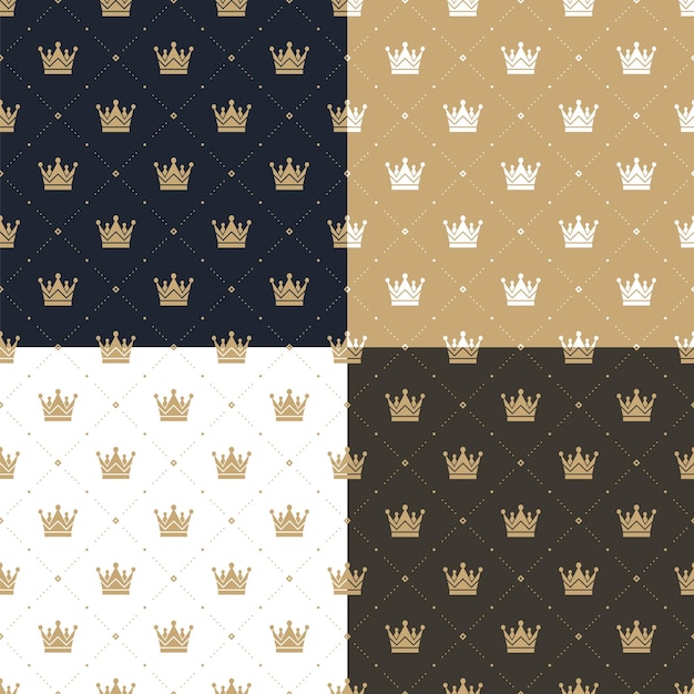 A set of seamless vector patterns in retro style with a white and gold crowns on a blue gold white and brown background