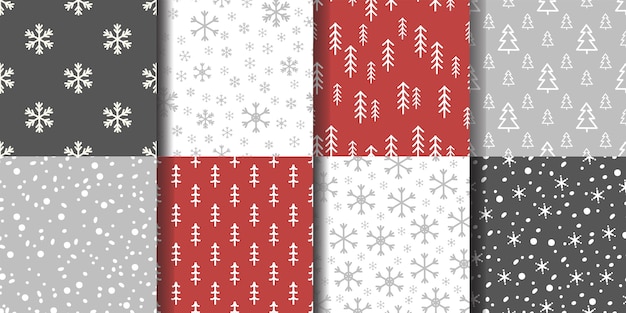 Set of seamless winter patterns with snowflakes and spruce trees.