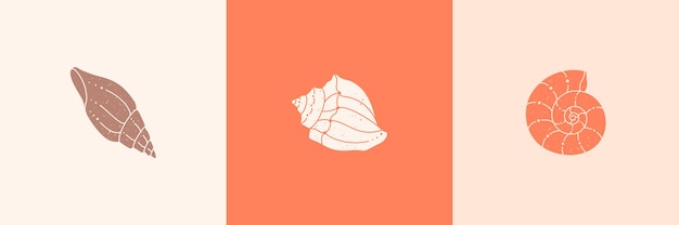 Set of Seashells Outline Icons in a Trendy Minimal Style. Vector Illustration of a Conch, Snail, Scallop and for Website, T-Shirt Print, Tattoo, Social Media Post and Stories