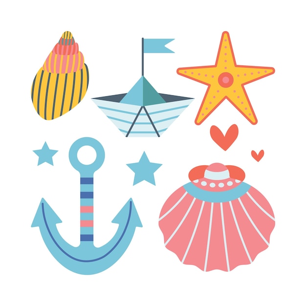 Set of seashells starfish anchor ship in flat cartoon style