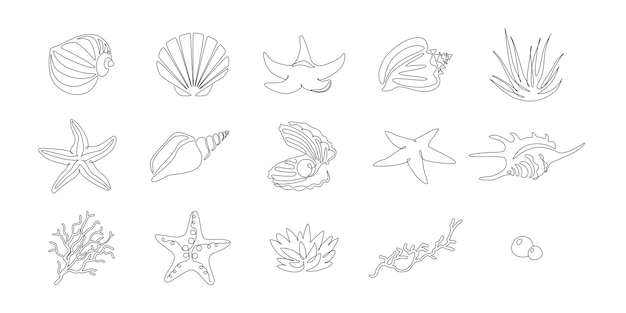 Set of seashells and starfishes. Continuous one line drawing of oyster mollusk with pearl corral and snail shells in simple linear style. Modern minimalist outline icon. Doodle Vector illustration.