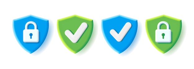 Set of security icons with 3d shield shape with tick sign and padlock on green and blue isolated