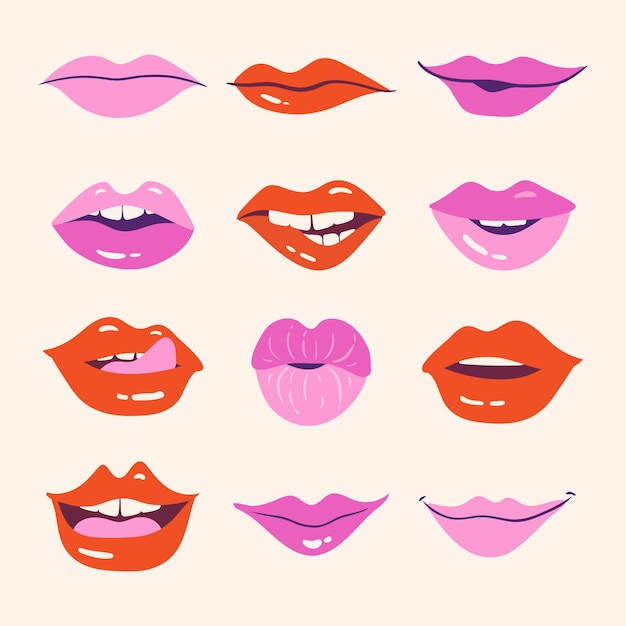 Vector set of seductive lips red lips lipstick red and pink