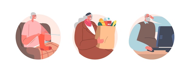 Set of Senior Male and Female Characters Granny Knitting Socks Aged Lady with Grocery in Paper Bag Elderly Man Work on Laptop Oldies Men and Women Lifestyle Cartoon People Vector Illustration