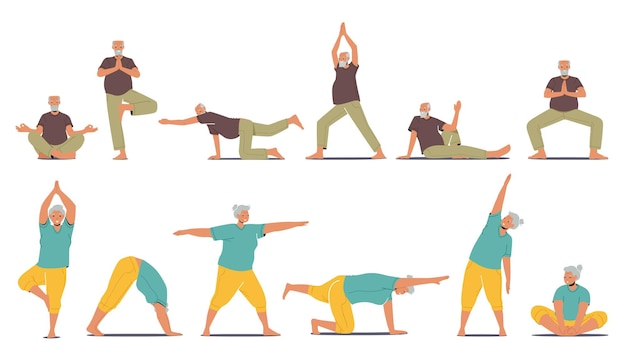 Set of Senior Male and Female Characters Practicing Yoga and Meditation Elderly People Active Healthy Lifestyle Sports