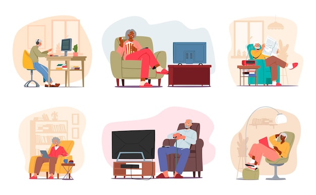 Set of Senior People Rest at Home Elderly Male and Female Characters Playing on Computer Watching Tv