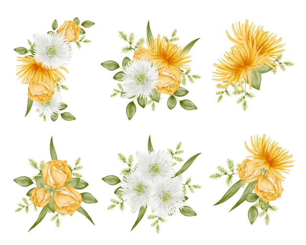 Set of Separate parts and bring together to beautiful bouquet of flowers in water colors style on white background vector illustration