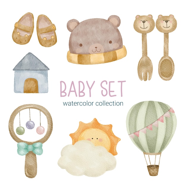 Set of Separate parts and bring together to beautiful clothes baby items and toy in water colors style on white background Watercolor vector illustration