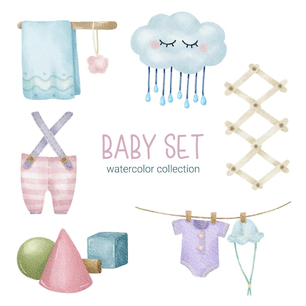 Set of Separate parts and bring together to beautiful clothes baby items and toy in water colors style on white background Watercolor vector illustration