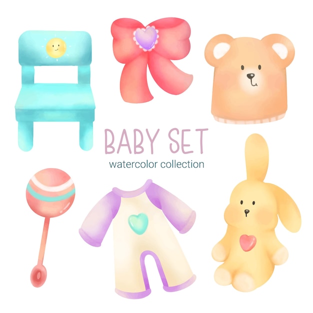 Set of Separate parts and bring together to beautiful clothes baby items and toy in water colors style on white background Watercolor vector illustration