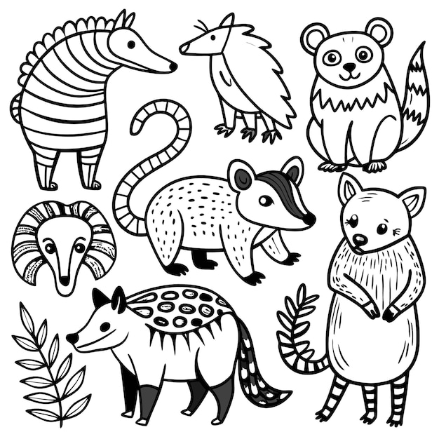 Vector set of seven black and white hand drawn cartoon animals